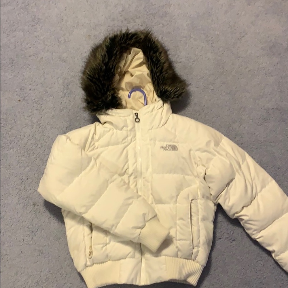 White North Face puffer coat with fur-lined hood